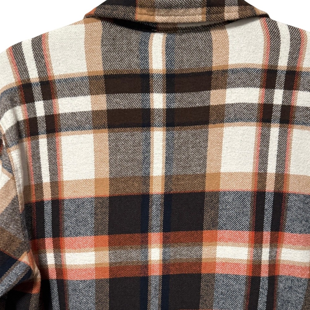 Womens Plaid Flannel Shirt Jacket BeachLoungeLunch Orange Brown White - Picture 9 of 13